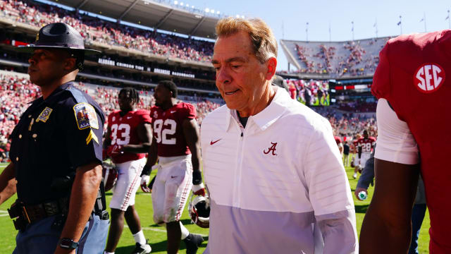 Oct 14, 2023; Tuscaloosa, Alabama, USA; Alabama Crimson Tide head coach Nick Saban walks off the field following their 24-21 win against the Arkansas Razorbacks at Bryant-Denny Stadium.